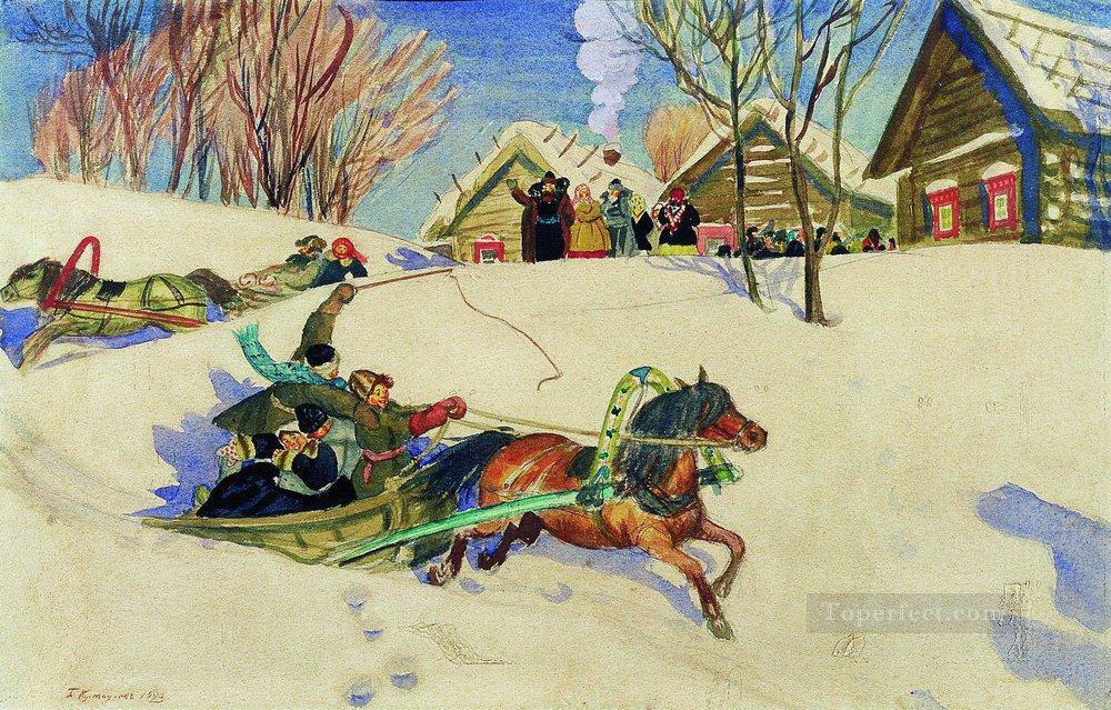 shrovetide 1920 1 Boris Mikhailovich Kustodiev kids animal pet Oil Paintings